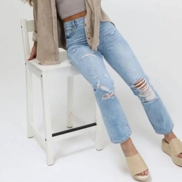 By Together Denim - By Together Distressed Light Wash High Waisted Boyfriend Jeans in Size Medium